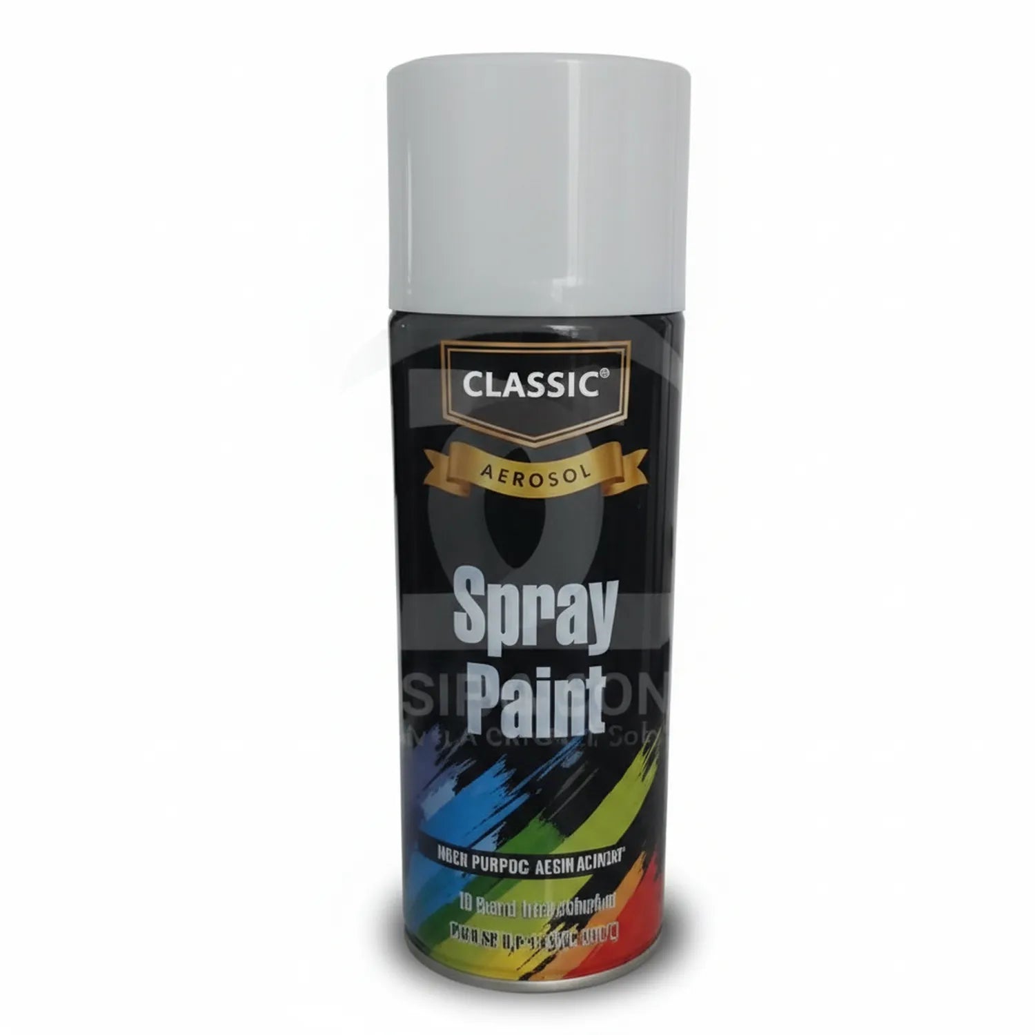 Classic Aerosol Spray Paint 400ml can with white cap and black label featuring gold banner, colorful brush stroke design at bottom