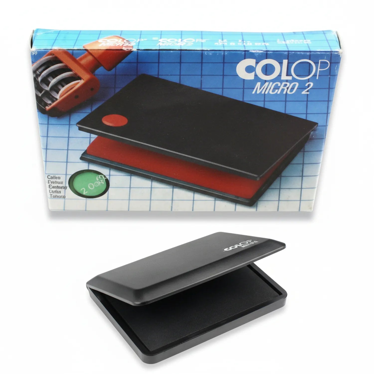 Colop Micro 2 stamp pad with black top and red base shown with original packaging featuring blue grid design and product imagery