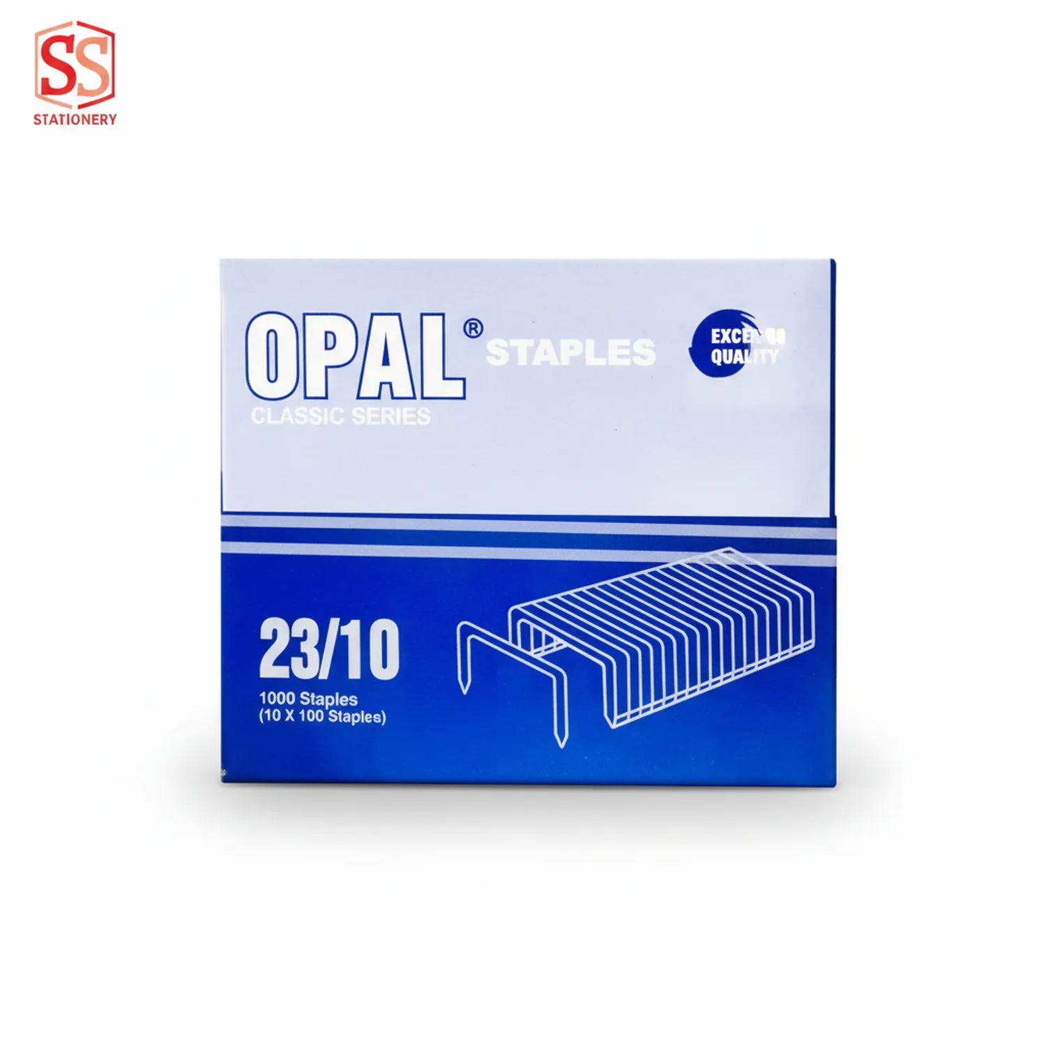 Opal Classic Series Staple Pin 23/10 box packaging showing 1000 staples with blue and white design and staple illustration