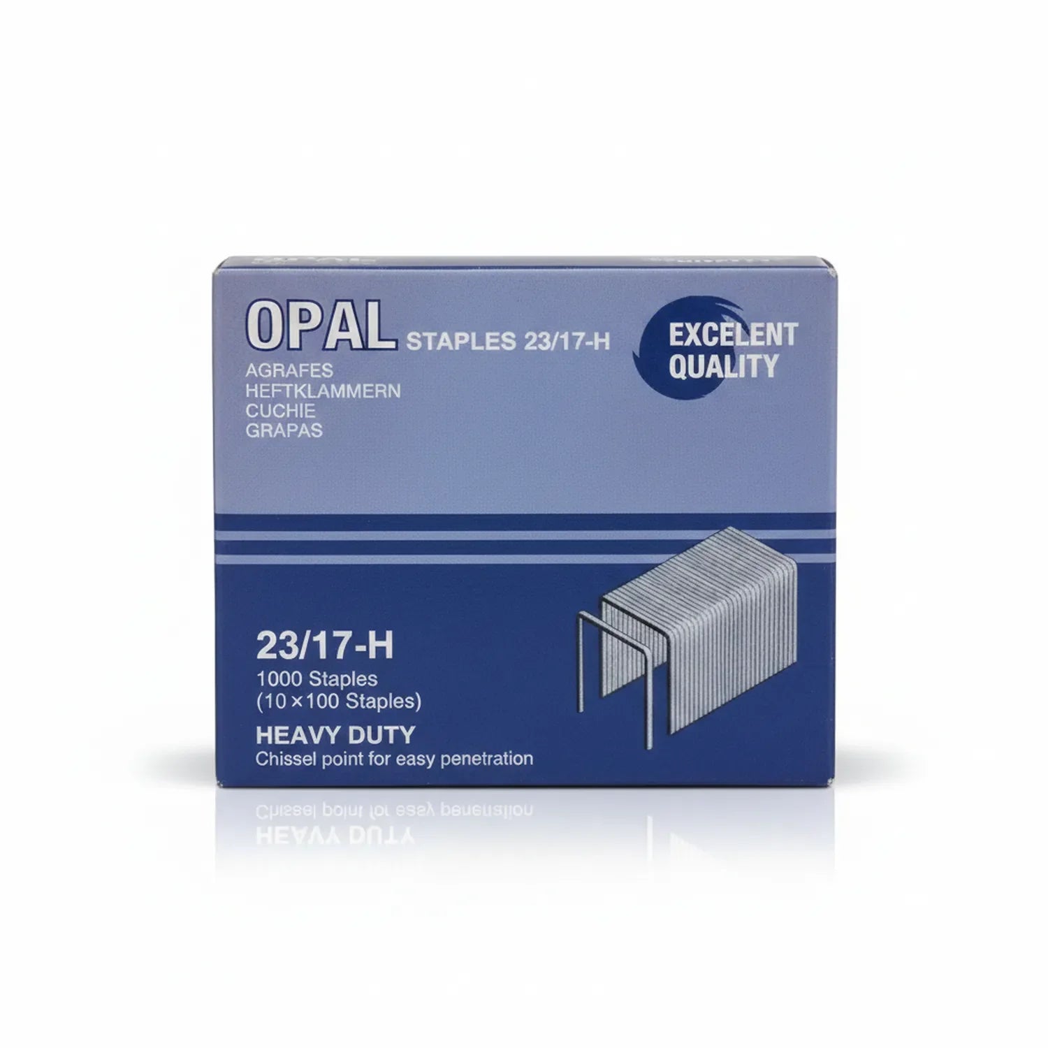 Opal 23/17-H Heavy Duty Staples box showing 1000 staples (10x100), blue packaging with product image and specifications.