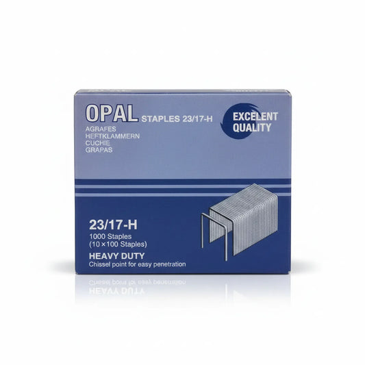 Opal 23/17-H Heavy Duty Staples box showing 1000 staples (10x100), blue packaging with product image and specifications.