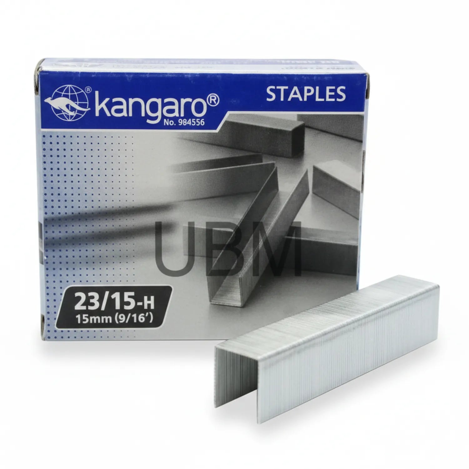 Kangaro Opal 23/15-H staples box with individual staple pin displayed, 15mm size, professional stationery product