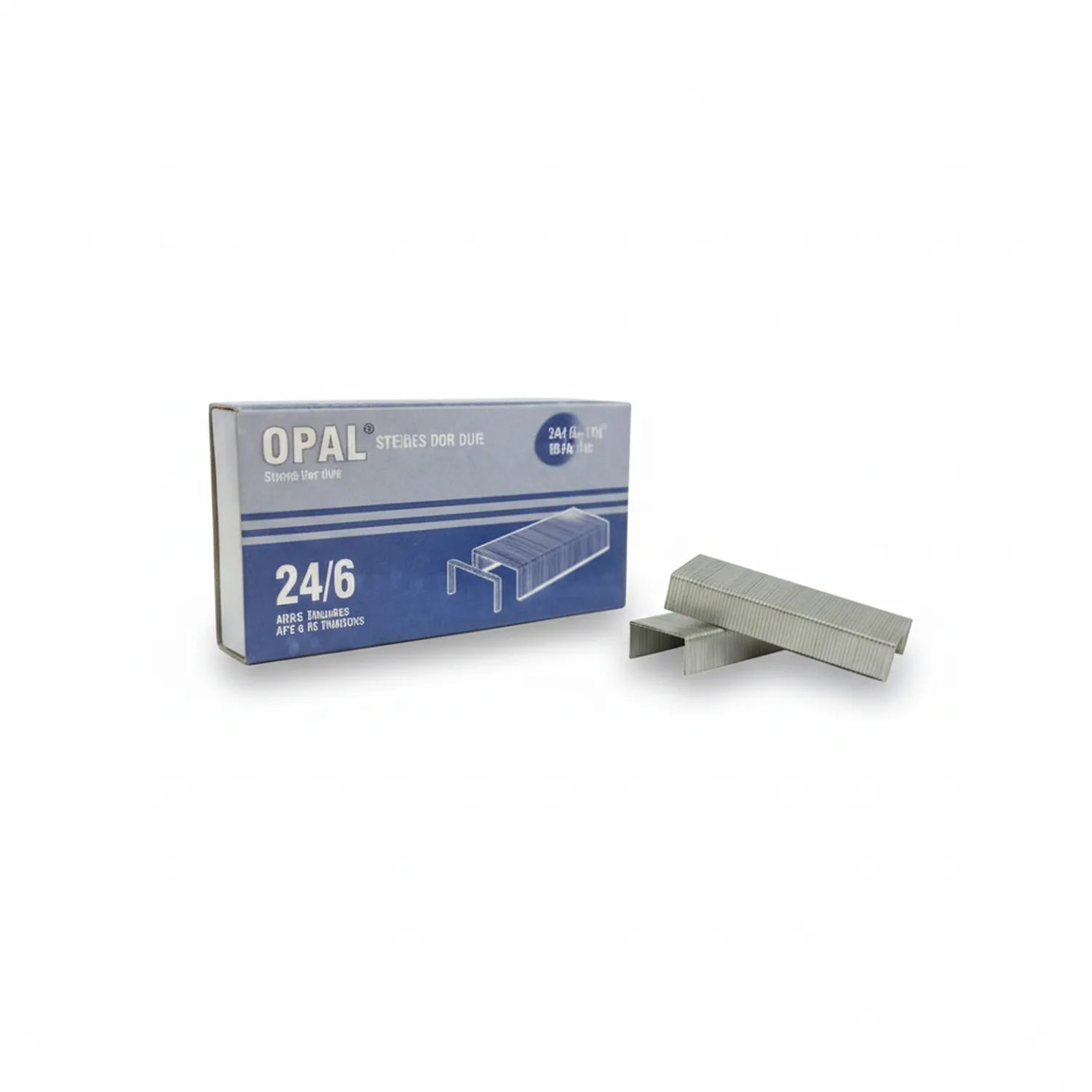 Opal Staple Pin 24/6 box with silver metal staples displayed beside packaging on white background