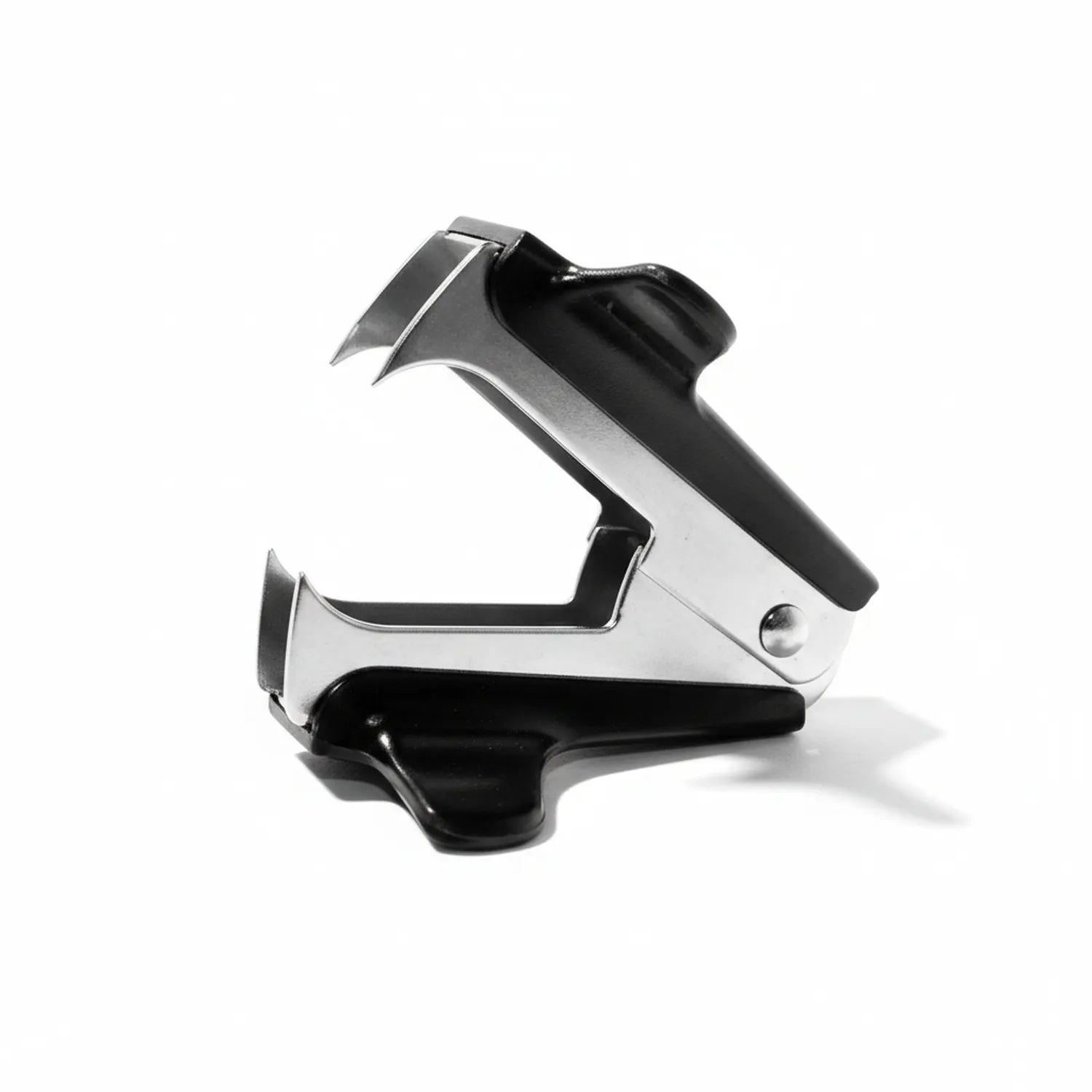 Staple Pin Remover Opal with white metal body and black ergonomic grip handle, dual-claw design, shown at angle against white background