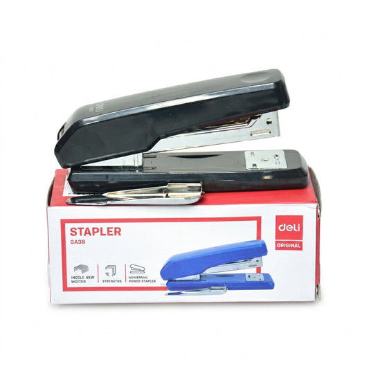 Deli GA38 black stapler with blue stapler, packaging box showing product details and features