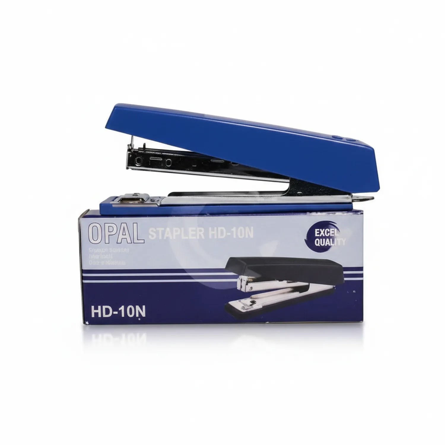 Opal Stapler HD-10N with blue top and black handle shown with product packaging box