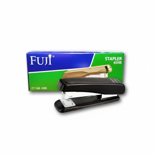Fuji Stapler 45HR - black heavy-duty stapler with product packaging showing brand logo, model FT134B-45HR, and stapler image on box