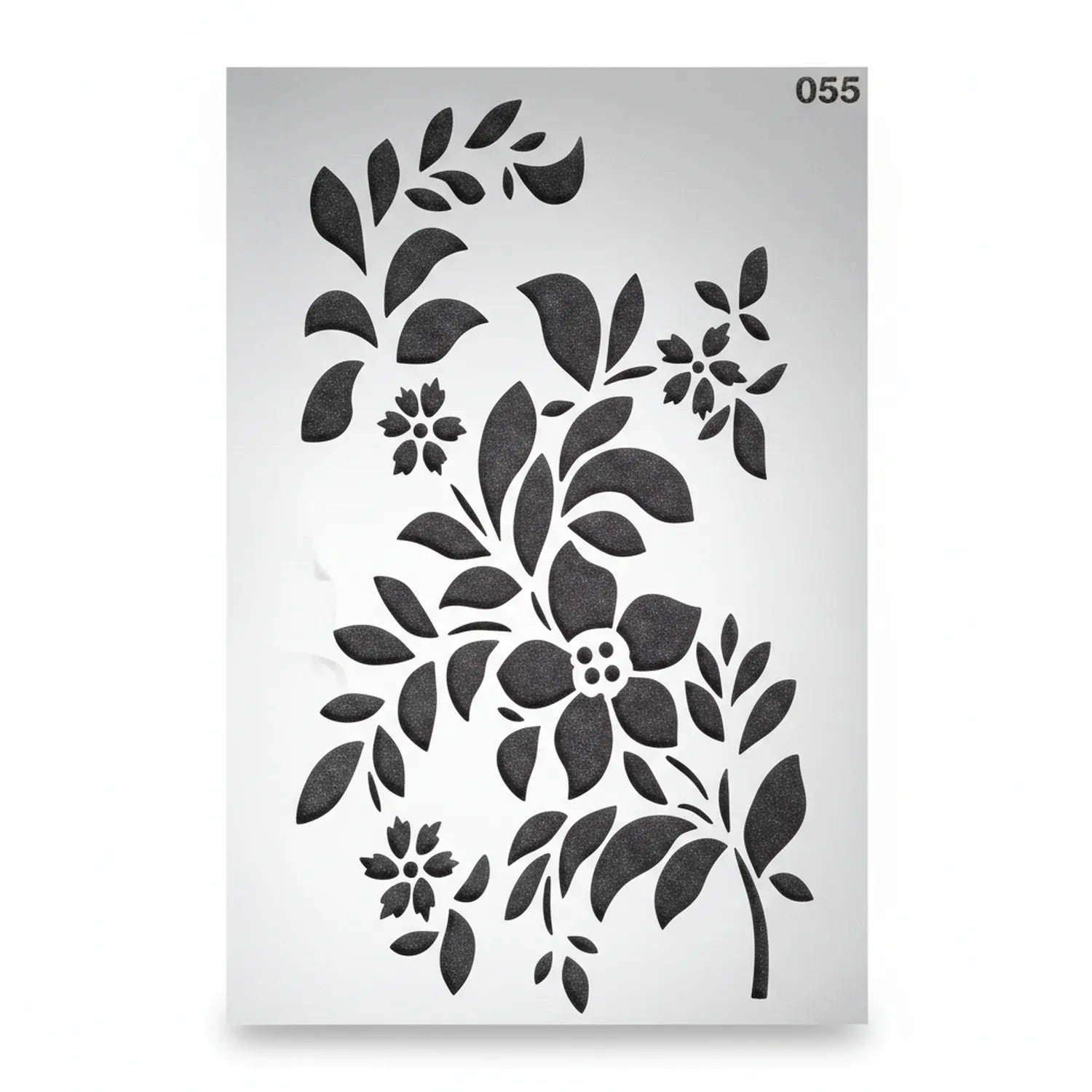 Floral leaf stencil template #055 featuring multiple botanical designs including large flowers and delicate leaf patterns for painting and crafts