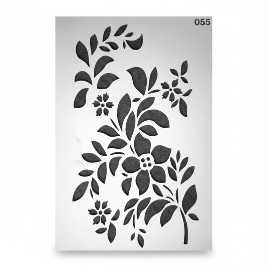 Floral leaf stencil template #055 featuring multiple botanical designs including large flowers and delicate leaf patterns for painting and crafts