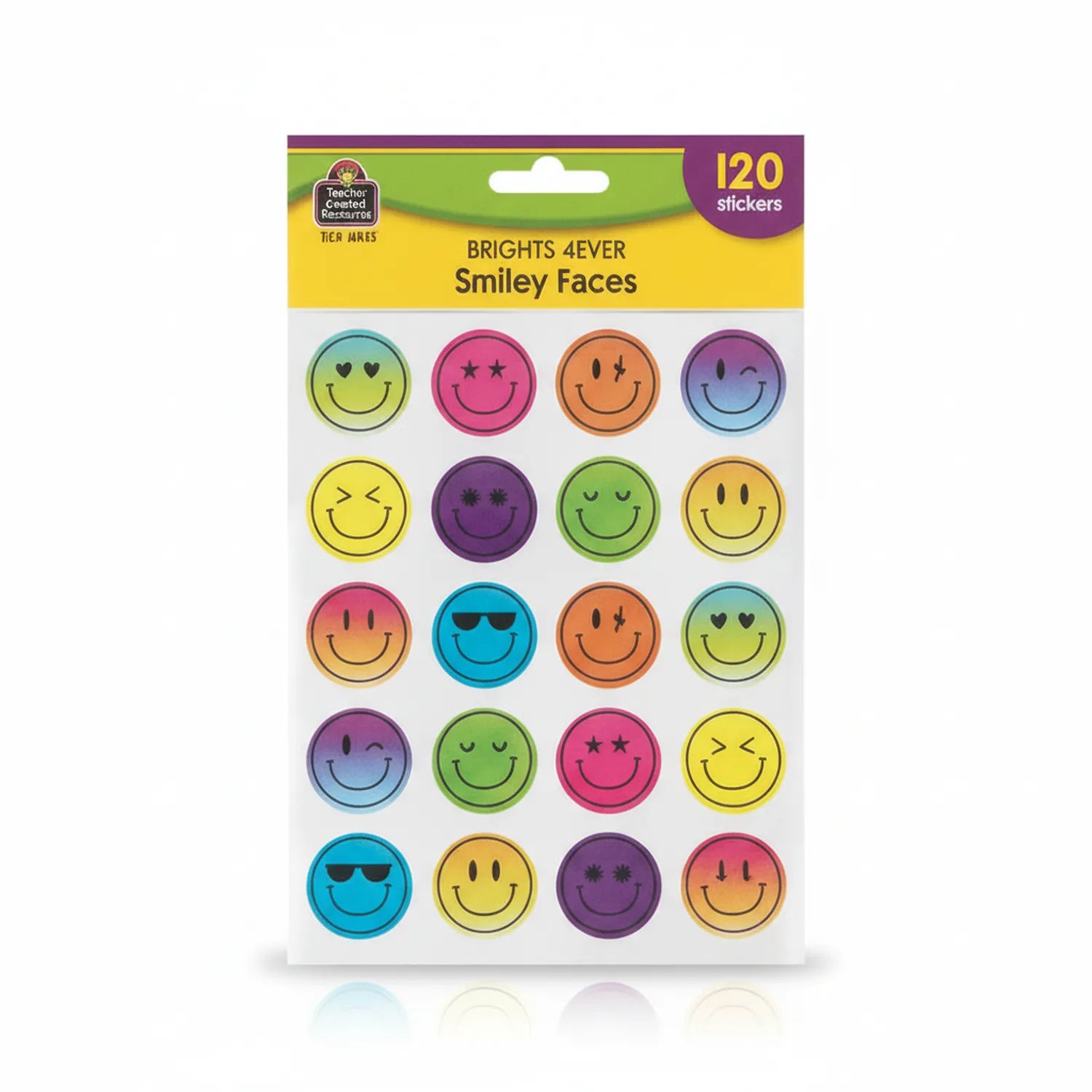 Brights 4Ever Smiley Faces sticker pack with 120 colorful smiley face stickers in green, pink, orange, purple, blue, and yellow designs on packaging.