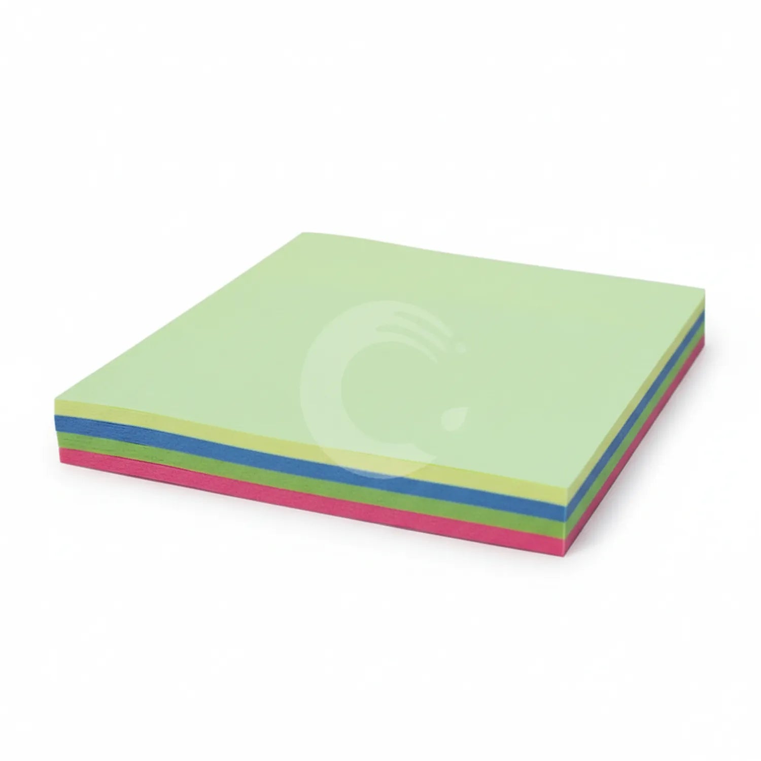 Stack of colorful 3x3 sticky notes in green, yellow, blue, and pink, displayed in isometric view showing multiple pads layered together.