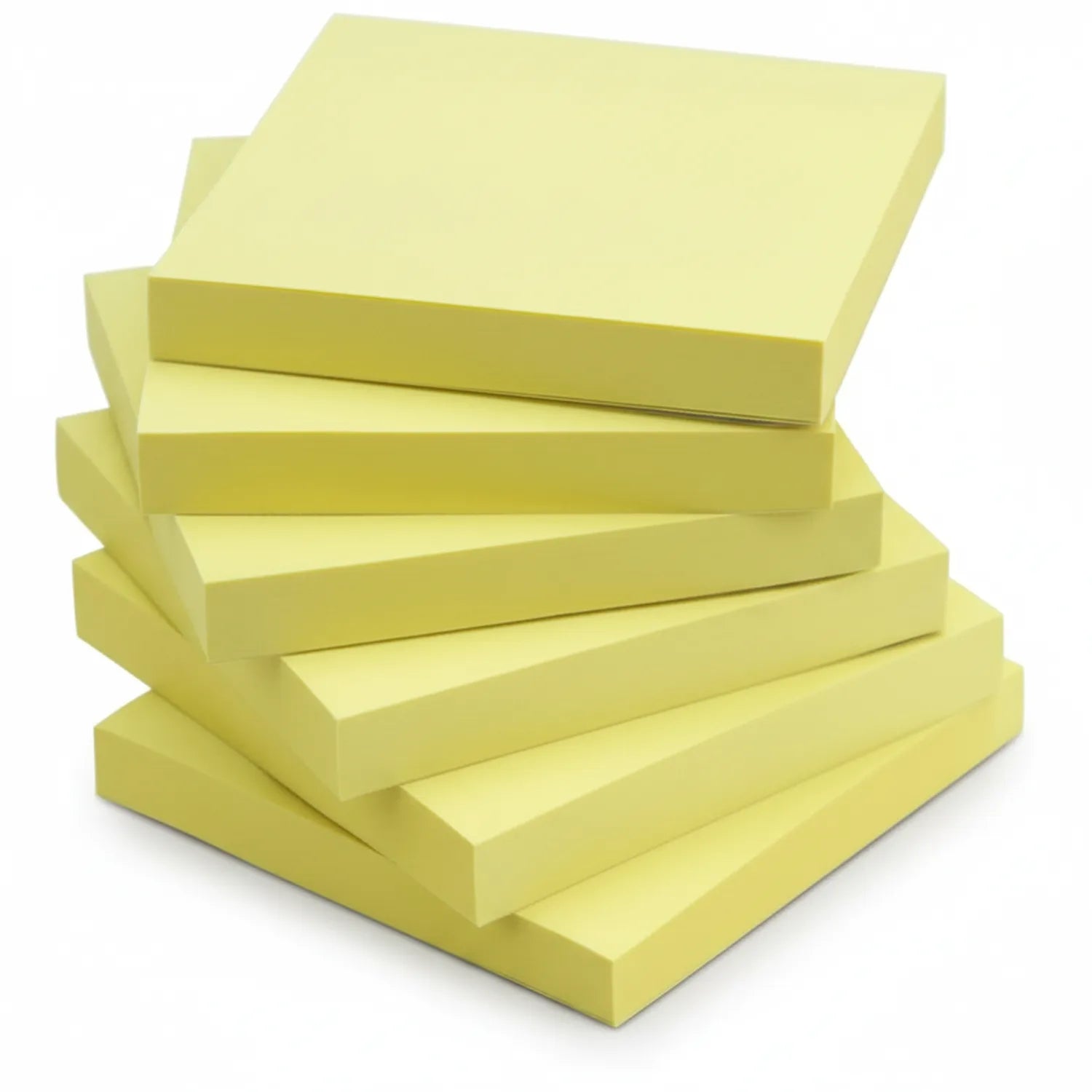 Stack of yellow 3x3 sticky notes with self-adhesive backing, showing multiple pads arranged in a pile on white background