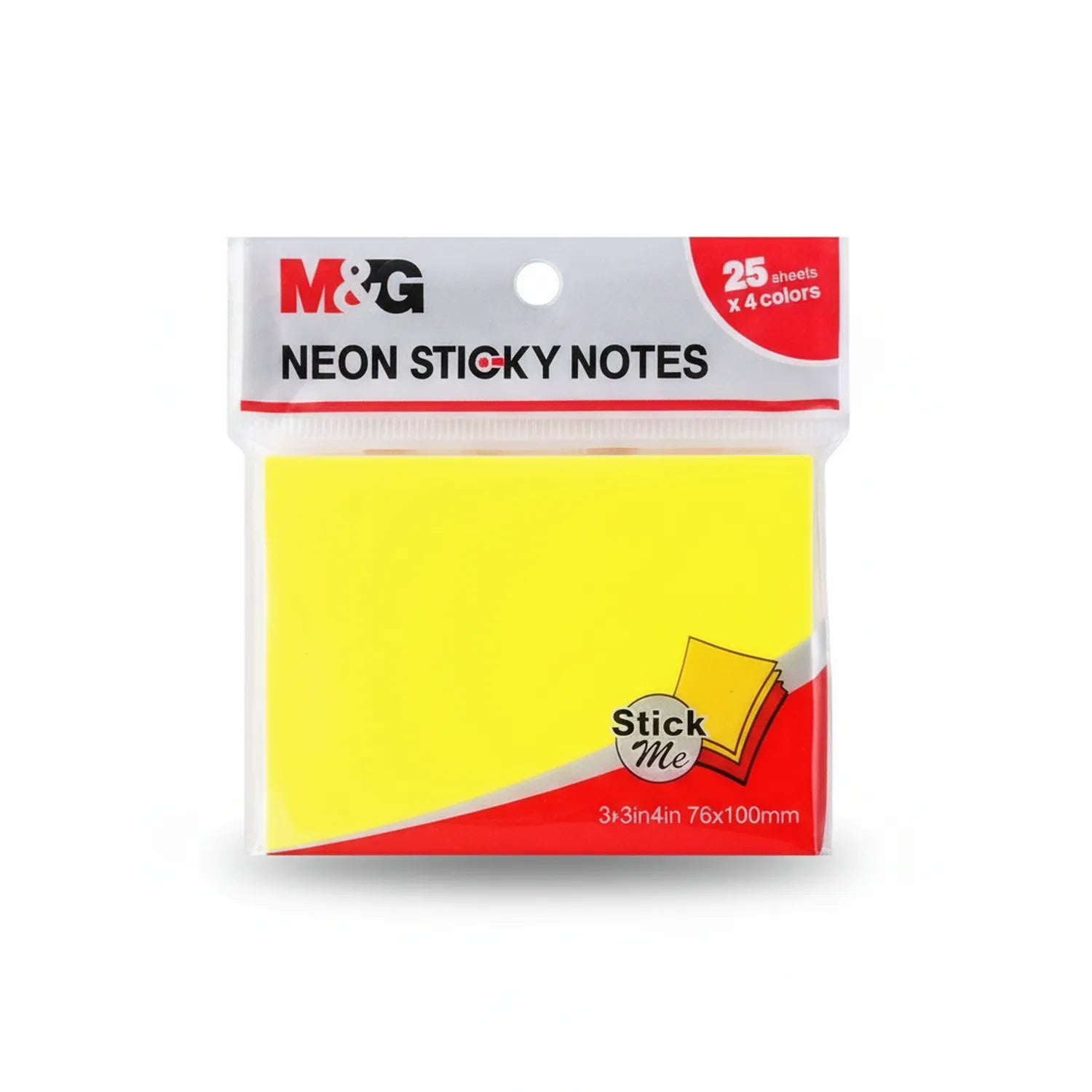 M&G Neon Sticky Notes 3x4 package displaying 25 sheets in 4 colors with bright yellow neon notes visible in packaging