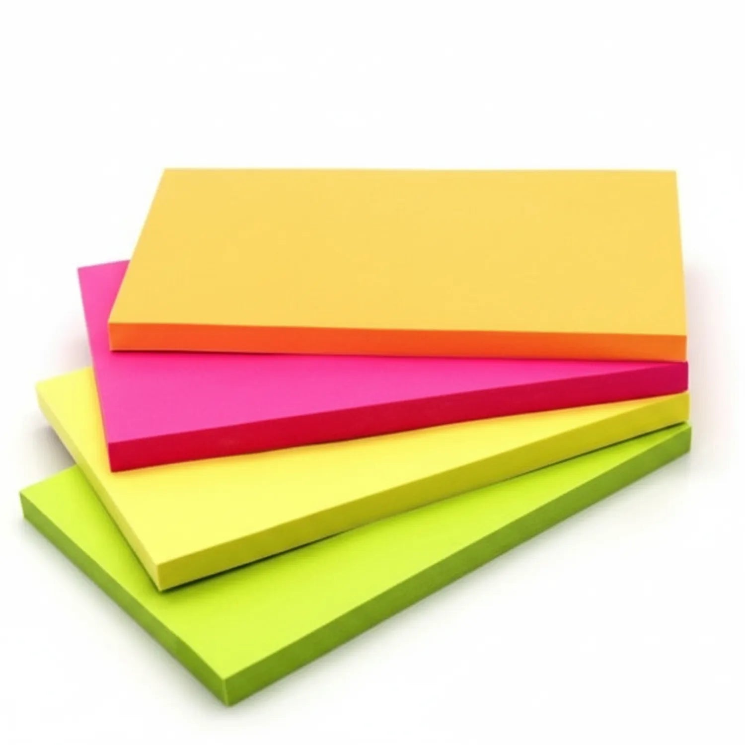 Stack of six colorful 3x5 sticky notes in bright yellow, lime green, hot pink, red, and orange showing product variety and packaging