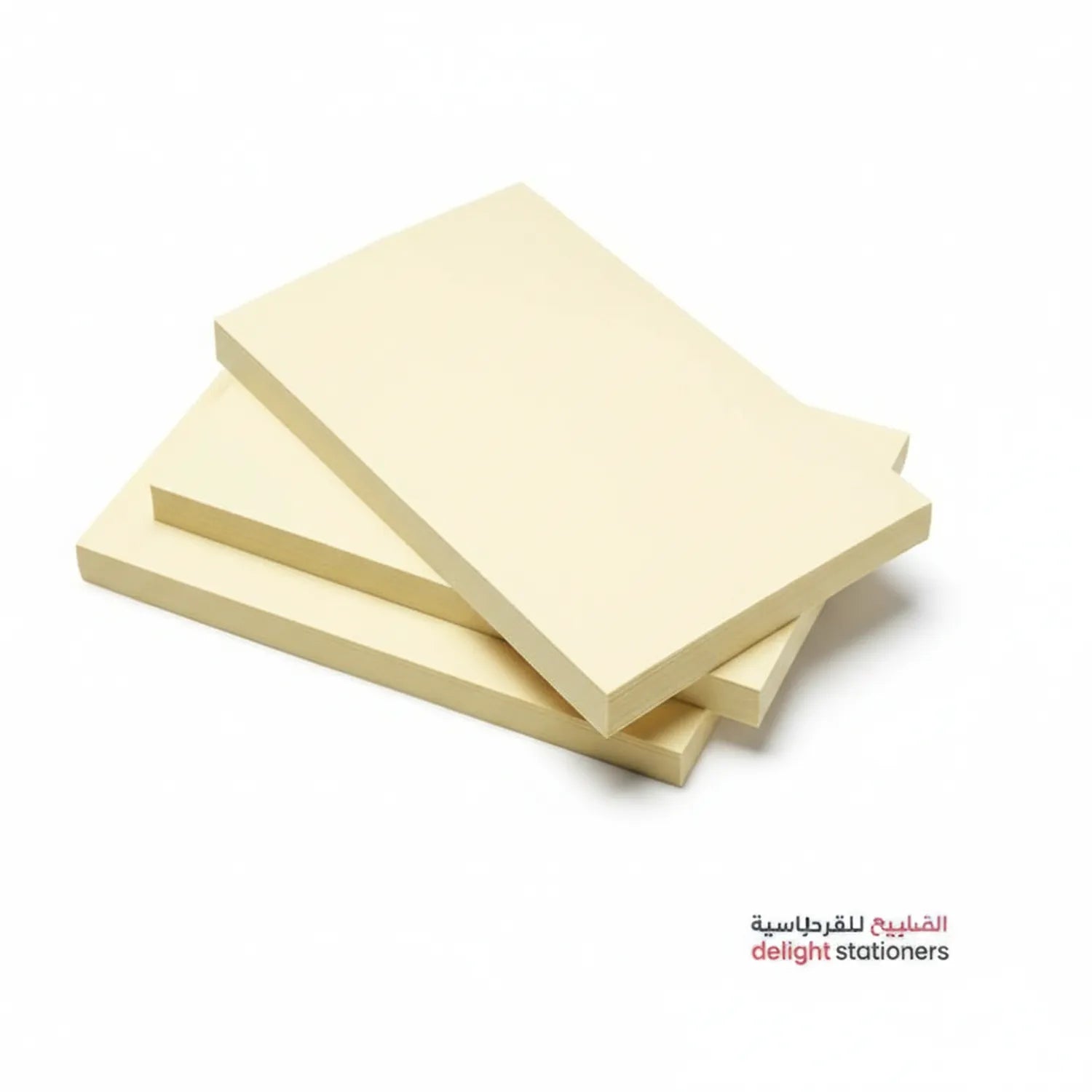 Stack of four pastel yellow 3x5 sticky note pads with Delight Stationery branding, showing adhesive edges and product detail.