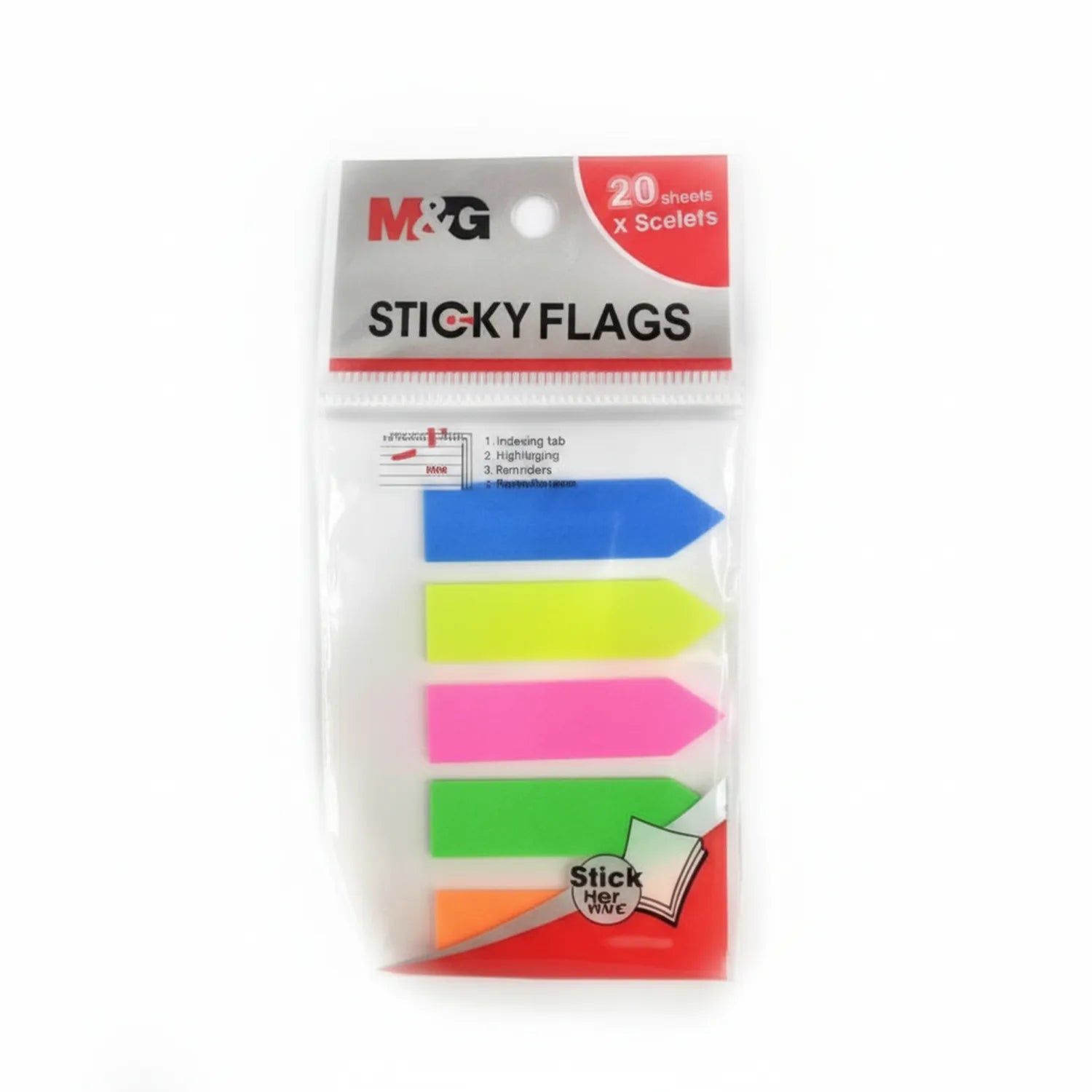 M&G Sticky Flags 5 Colors package showing 20 sheets with arrow-shaped flags in blue, yellow, pink, green, and orange colors displayed in clear plastic packaging.