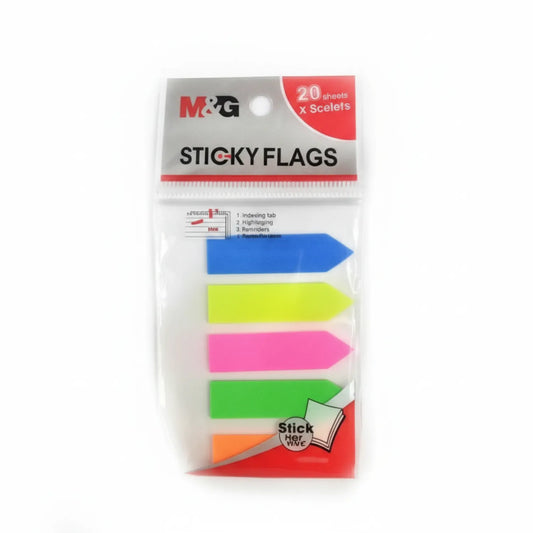 M&G Sticky Flags 5 Colors package showing 20 sheets with arrow-shaped flags in blue, yellow, pink, green, and orange colors displayed in clear plastic packaging.