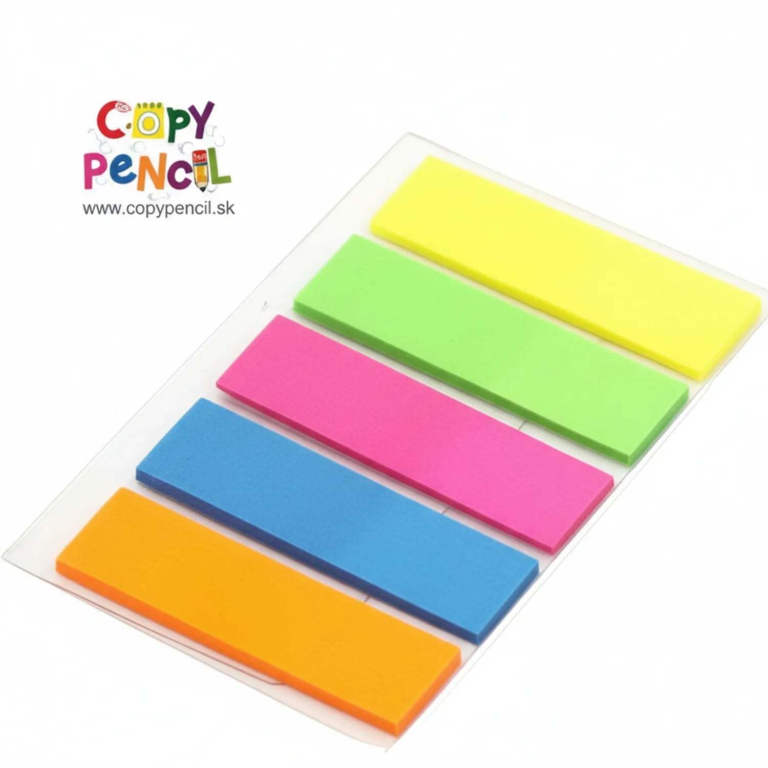 Copy Pencil Sticky Notes Strips pack showing 5 neon-colored repositionable note pads in yellow, green, pink, blue, and orange arranged in a fan display.