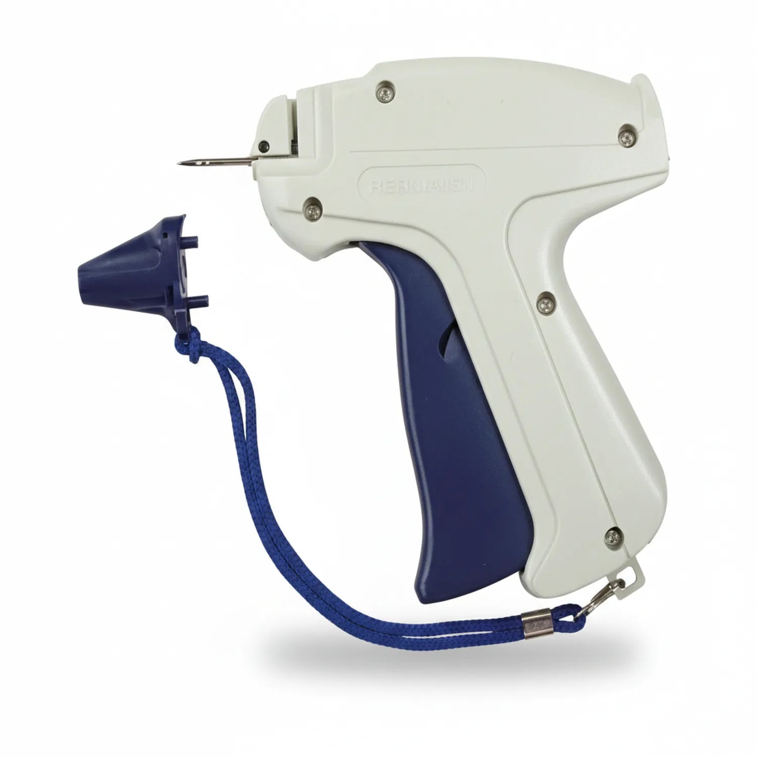 Grifmark Tag Gun Machine white with dark blue grip, metal needle, and blue security lanyard with detachable clip