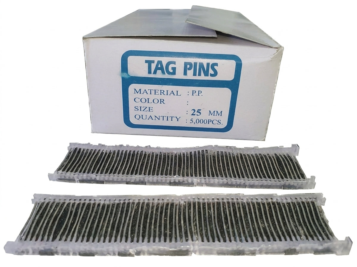 Box of Tag Pins 25mm with two clear plastic strips displaying hundreds of small gray polypropylene pins arranged in rows