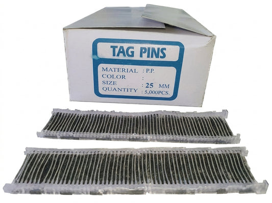 Box of Tag Pins 25mm with two clear plastic strips displaying hundreds of small gray polypropylene pins arranged in rows