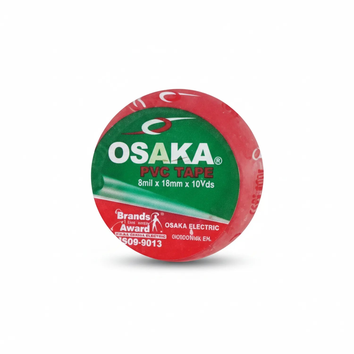 Osaka PVC Tape red roll showing 8mil x 18mm x 10 yards specifications on green and red packaging with Brands Award logo