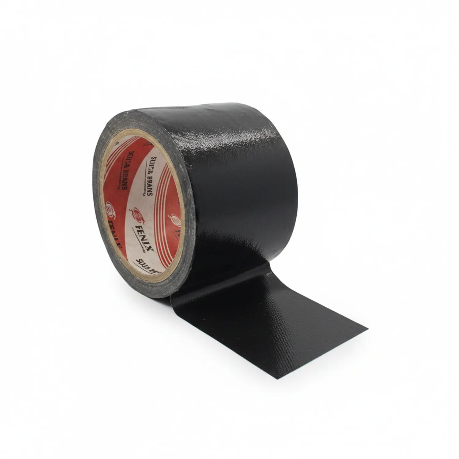 Black 1-inch duct tape roll with red and white branded label, showing unrolled tape segment below the roll.