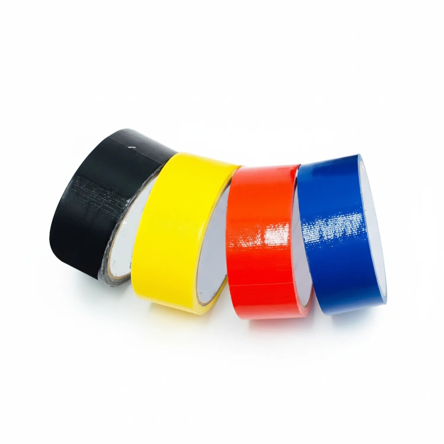 Four rolls of 2-inch binding tape displayed in black, yellow, red, and blue colors against a white background