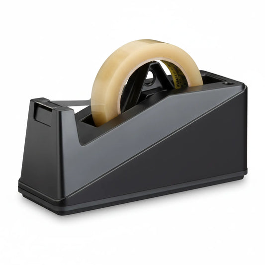 Black Tape Dispenser Mega 313 with clear tape roll loaded, showing weighted base and built-in cutter mechanism