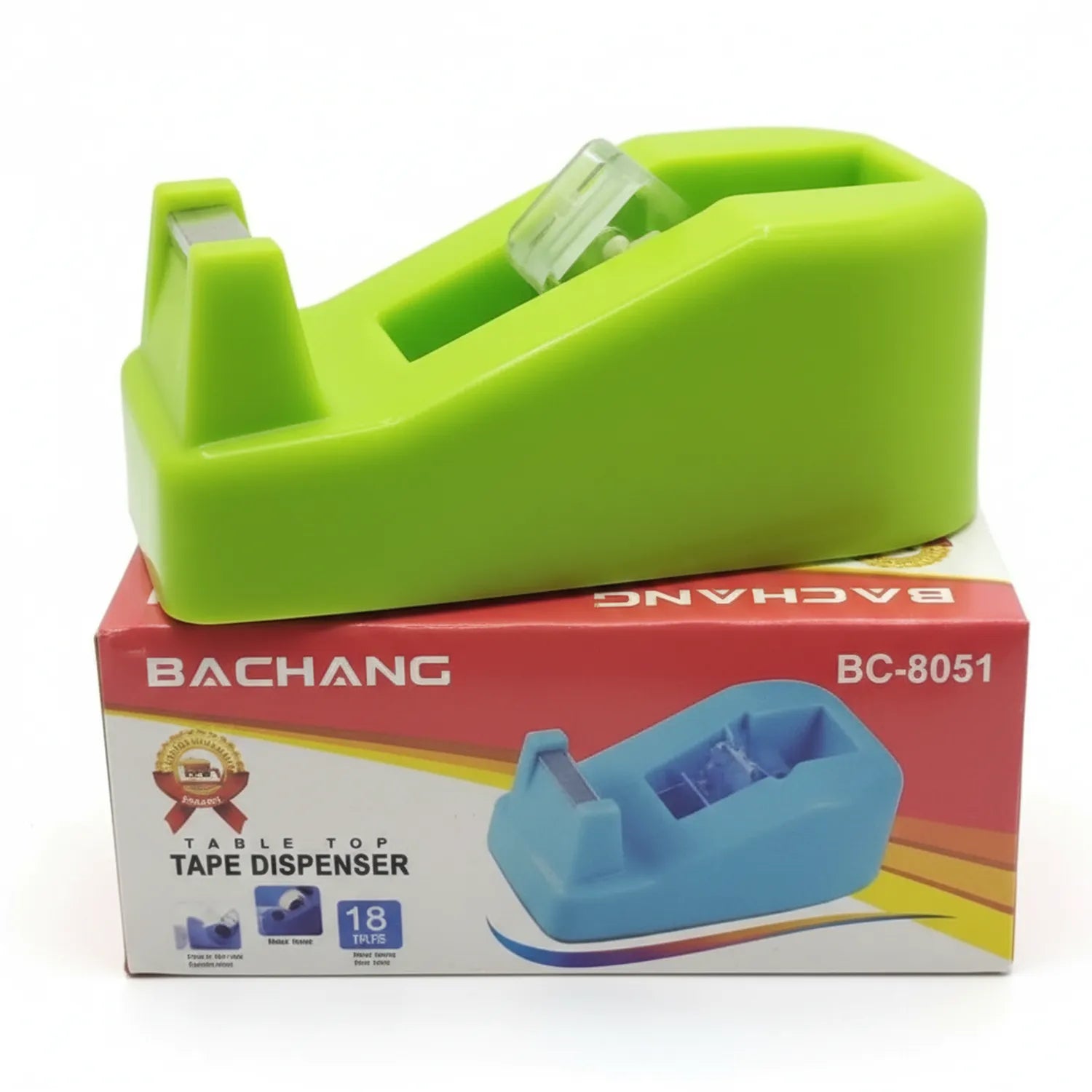 Bachang BC-8051 lime green table top tape dispenser with packaging showing product details and features