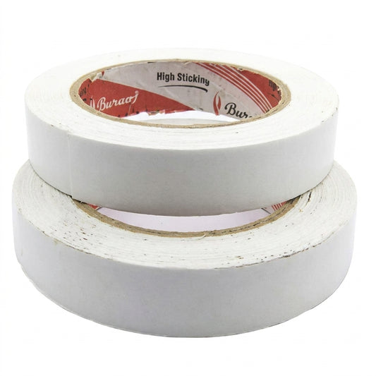 Two rolls of white Burago double-sided foam tape with red and white packaging visible on roll edges