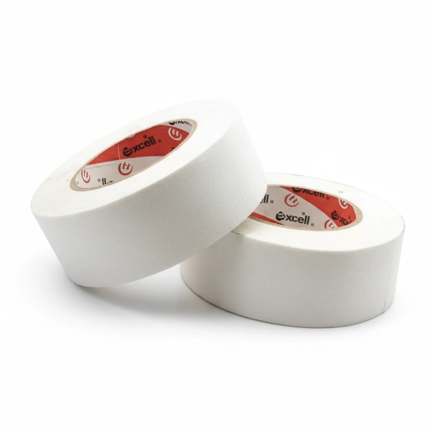 Two rolls of white Excell Foam Tape 1 Inch with red and white branded labels, positioned at an angle on a white background