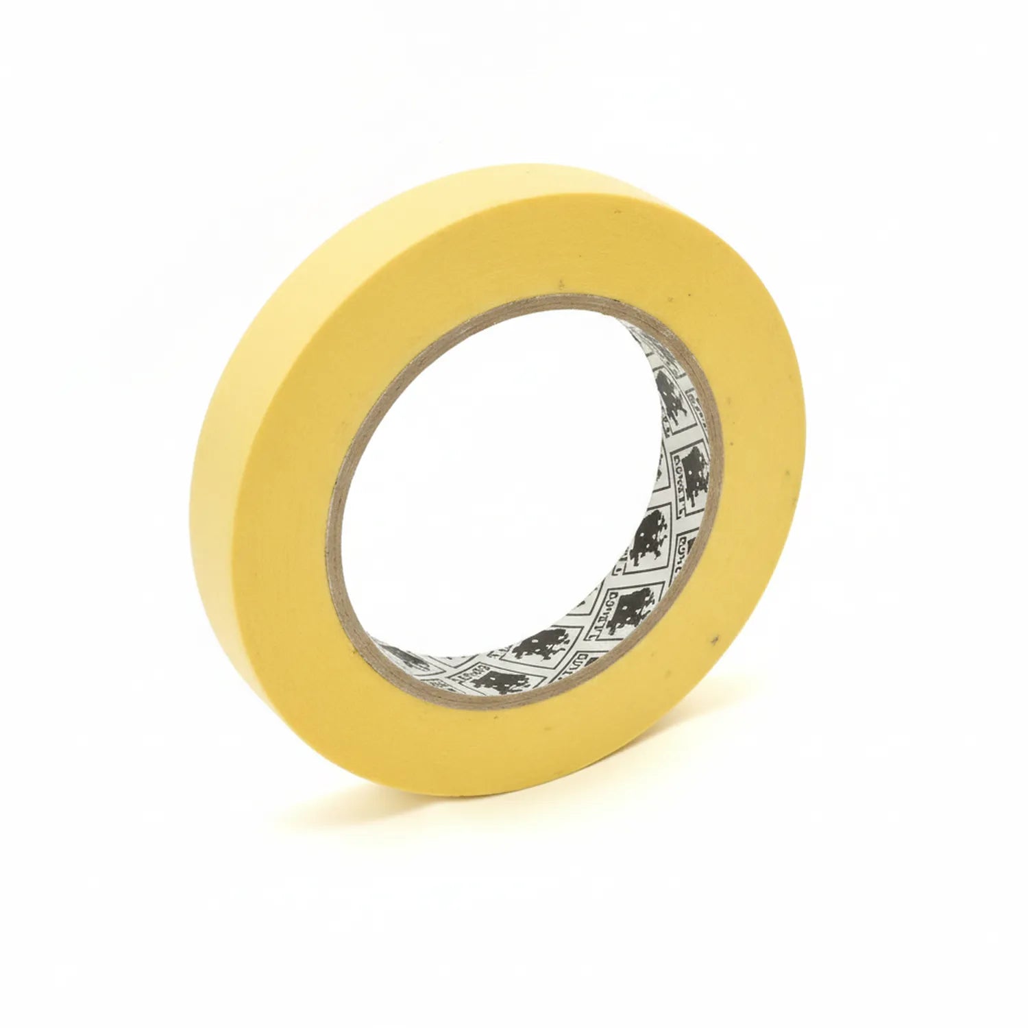 Yellow 0.5 inch masking tape roll with printed pattern on adhesive side, displayed at angle on white background