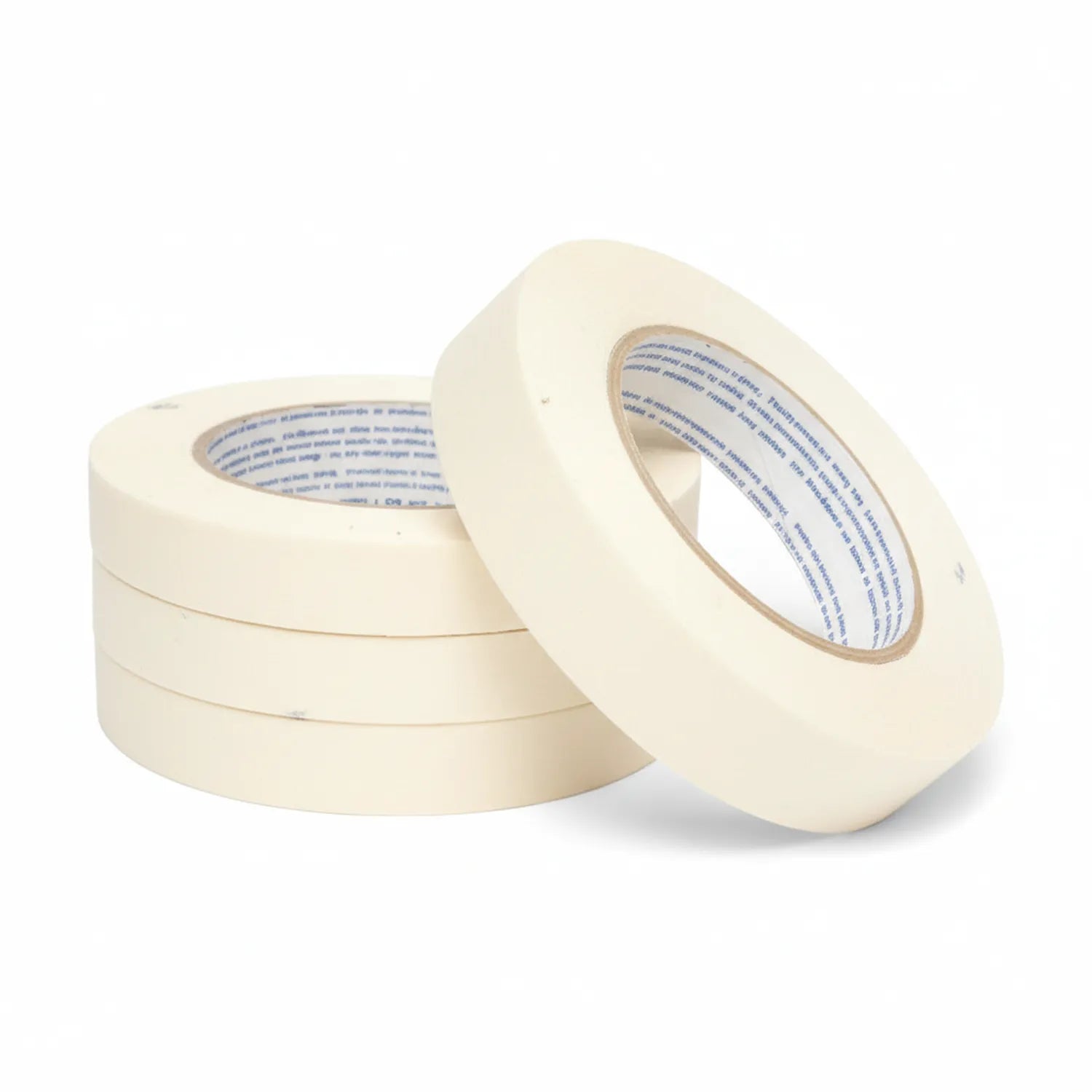 Four rolls of cream-colored 1 inch masking tape with blue branded cores displayed on white background
