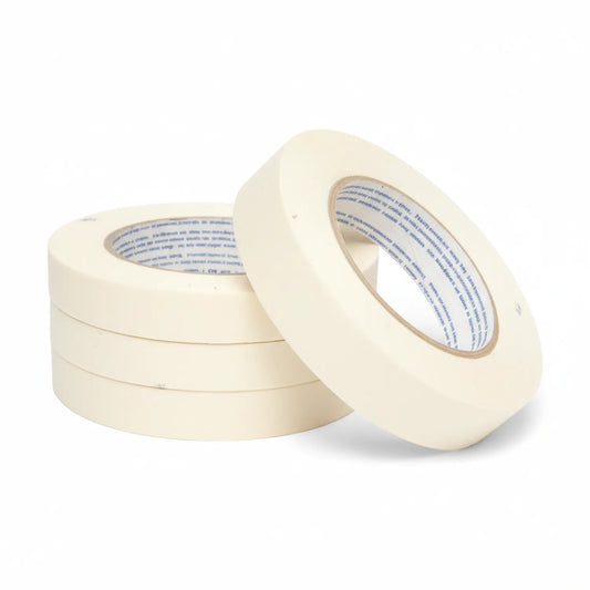 Four rolls of cream-colored 1 inch masking tape with blue branded cores displayed on white background