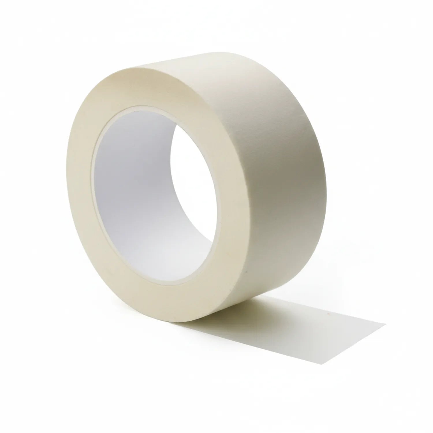 Roll of cream-colored 2 inch masking tape with white adhesive backing partially unrolled, shown against white background