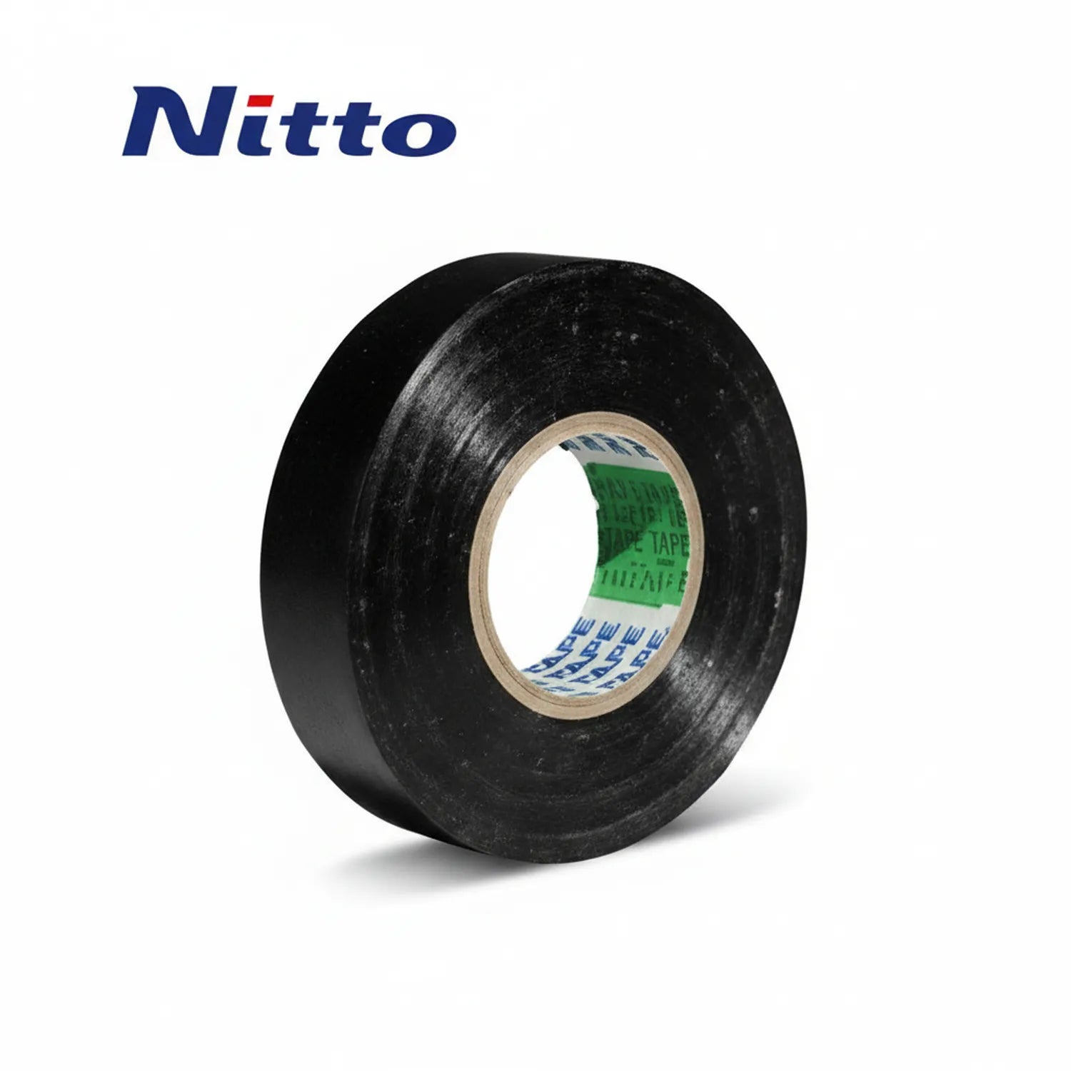 Nitto black electrical insulation tape roll with branded green and blue label on cardboard core, displayed against white background