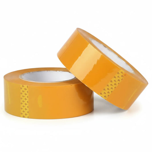 Two rolls of clear transparent PVC packing tape, 2 inch width, with perforated grip strip visible on the side of each roll
