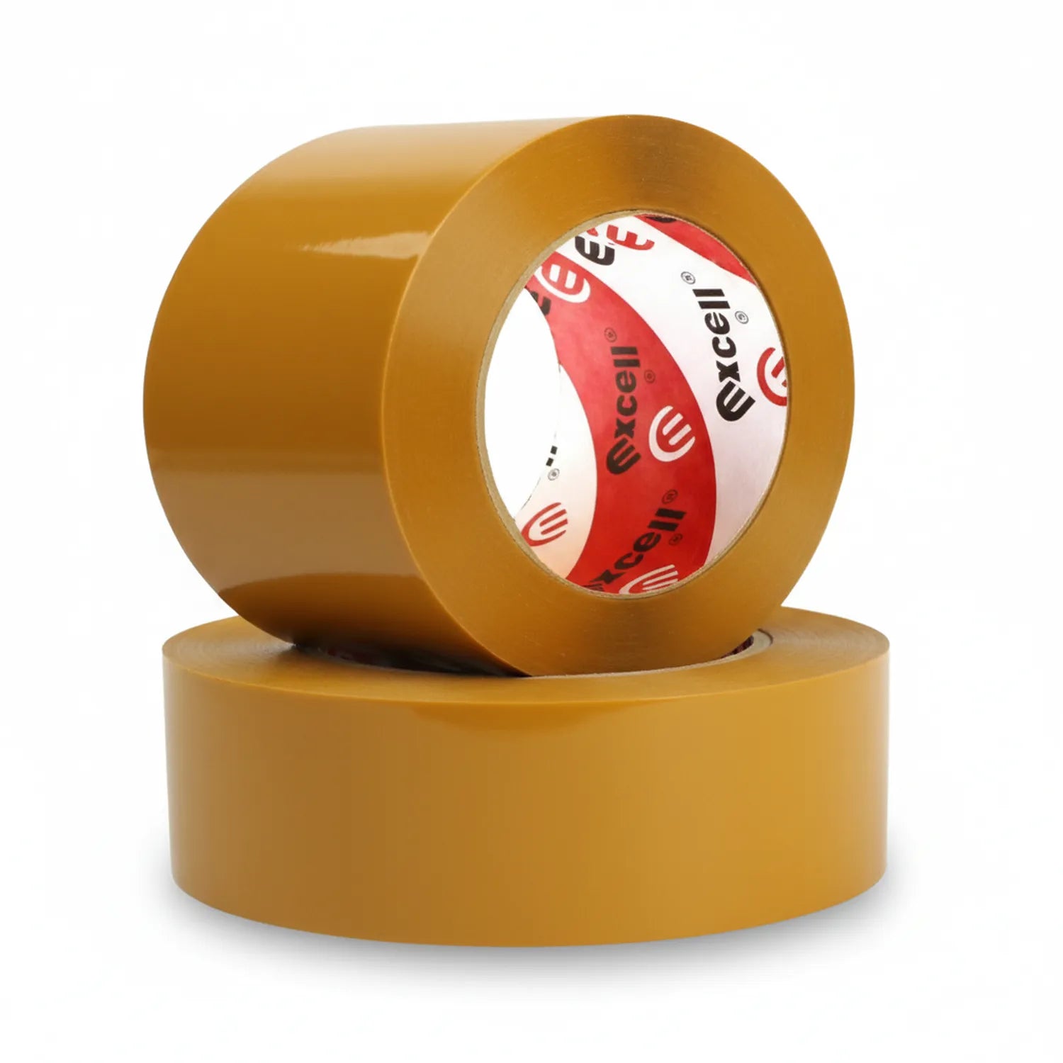 Two rolls of Excell brand PVC packing tape 3 inch wide in clear tan color with red and white branded label, shown stacked together