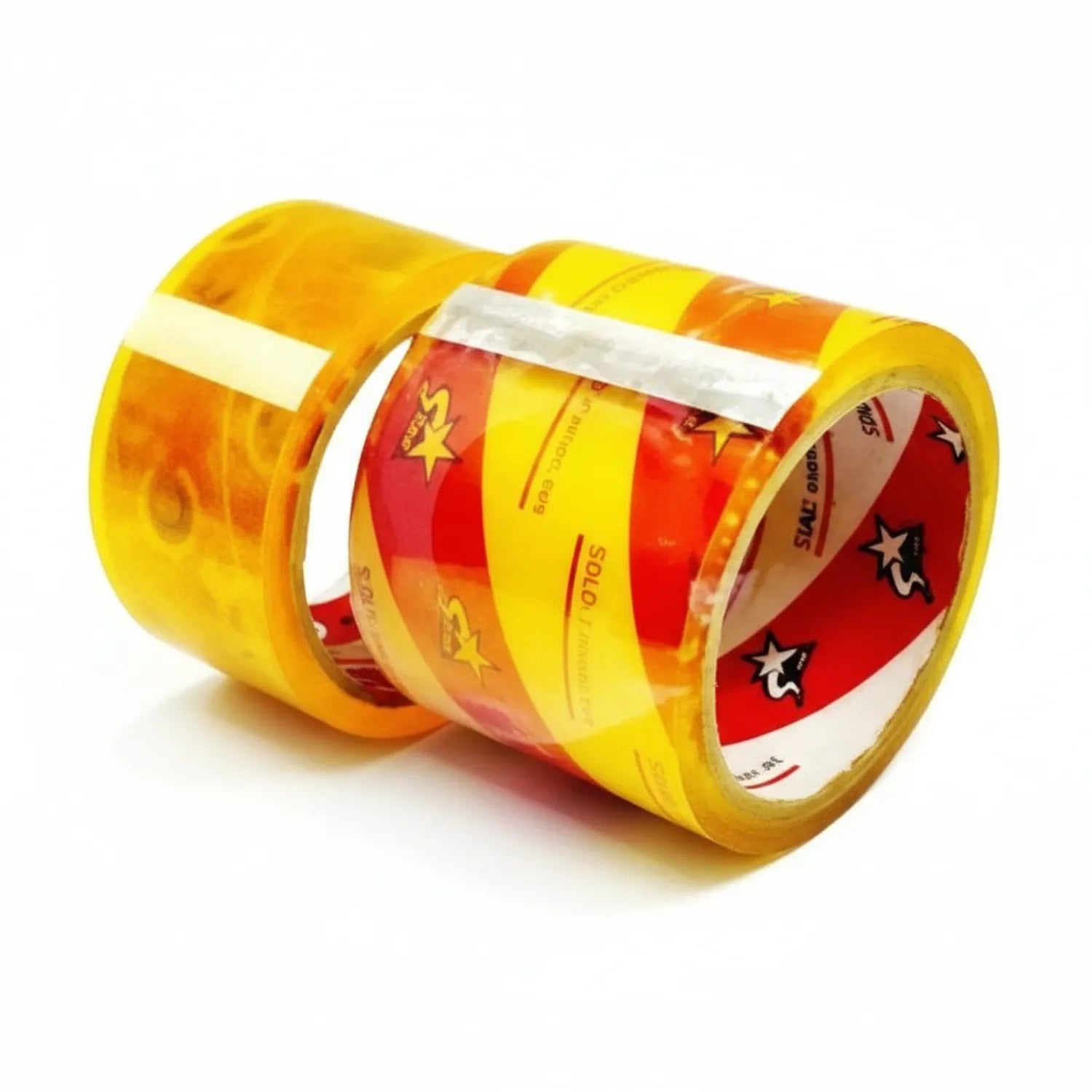 Two rolls of Scotch brand 0.5 inch clear tape with red and yellow deer-themed packaging displayed on white background