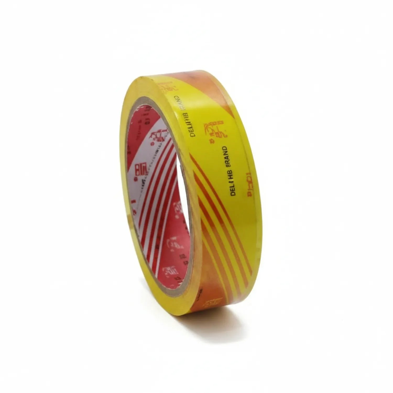 Deli HB Brand Scotch Tape 1 inch wide roll with yellow and orange packaging, red and white branded adhesive tape core visible