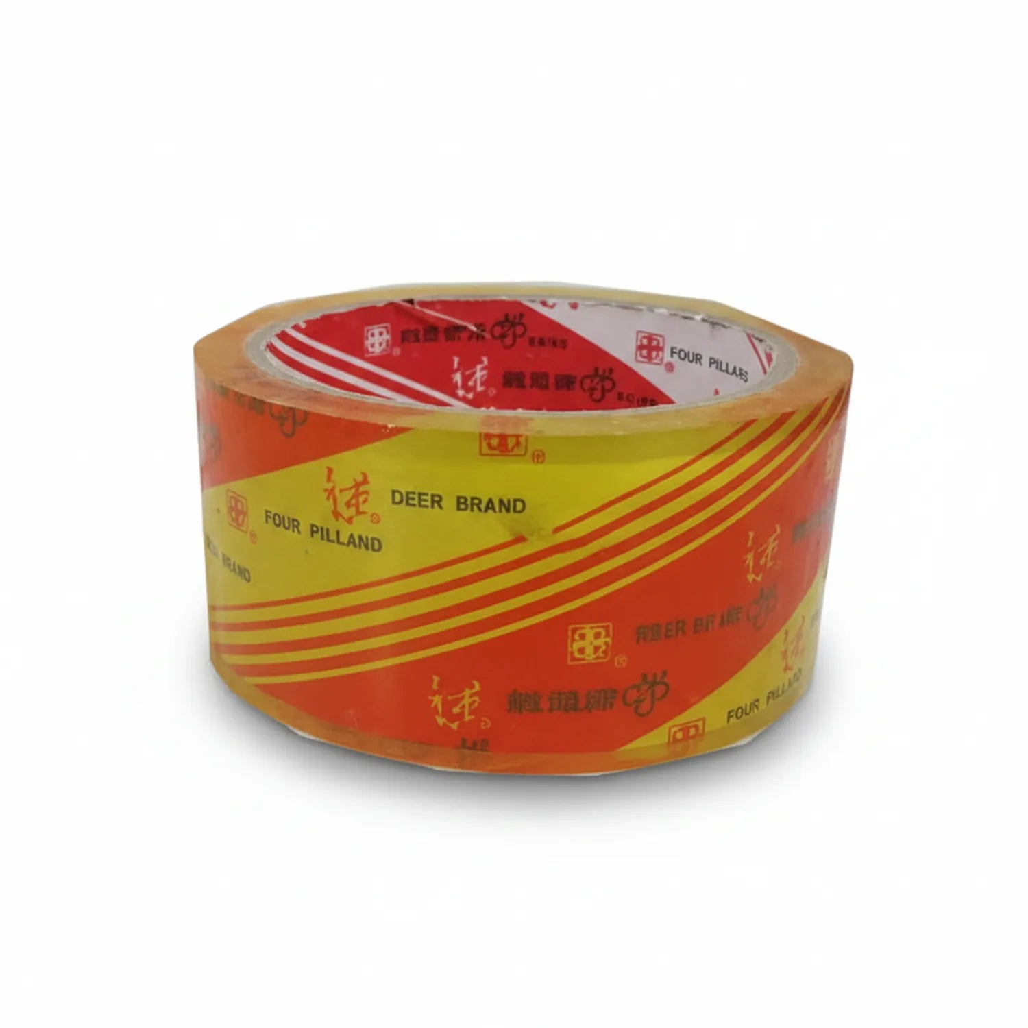 Four Pillar Deer Brand Scotch Tape roll, 2 inch wide, with red and yellow branded packaging featuring Chinese characters and logo