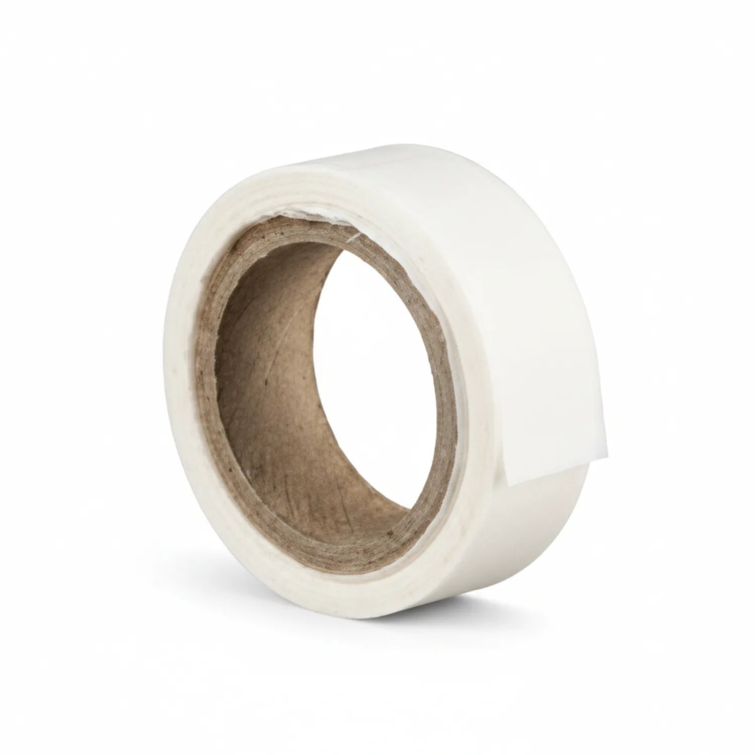 Roll of white tissue tape 0.5 inch width with cardboard core, shown at an angle against white background