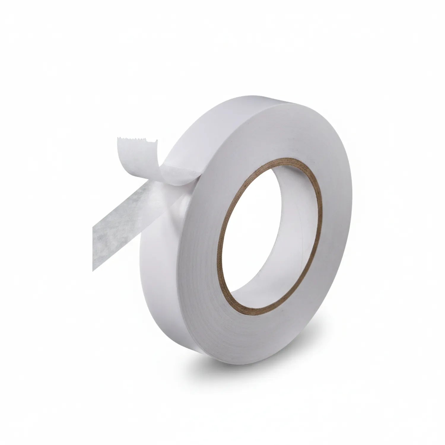 White tissue tape 1 inch wide roll with brown cardboard core, partially unrolled showing tear line and dispenser.