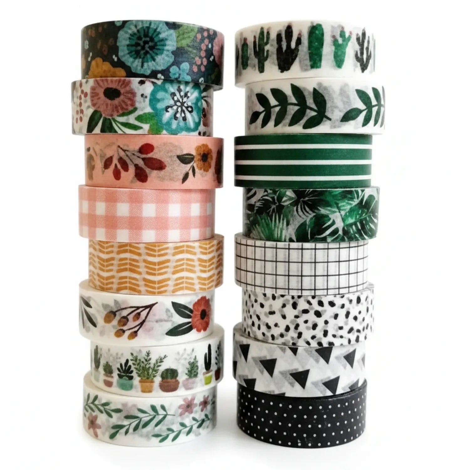 20 decorative washi tape rolls stacked in two towers showing floral, botanical, geometric, striped, dotted and patterned designs in green, pink, yellow and black