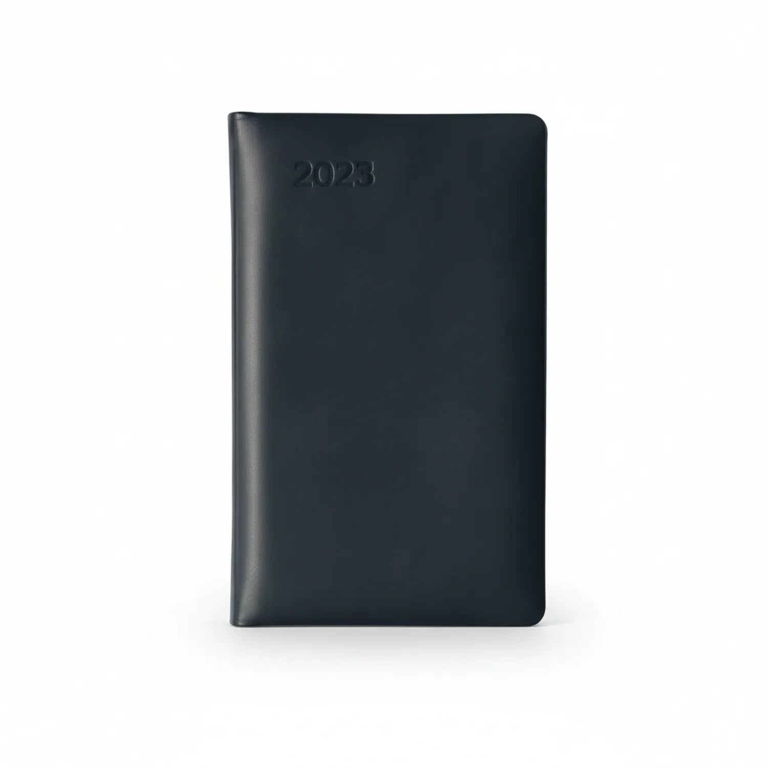 2023 Telephone Index E2 black leather pocket diary with embossed cover shown against white background