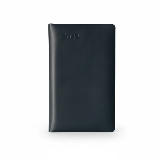 2023 Telephone Index E2 black leather pocket diary with embossed cover shown against white background
