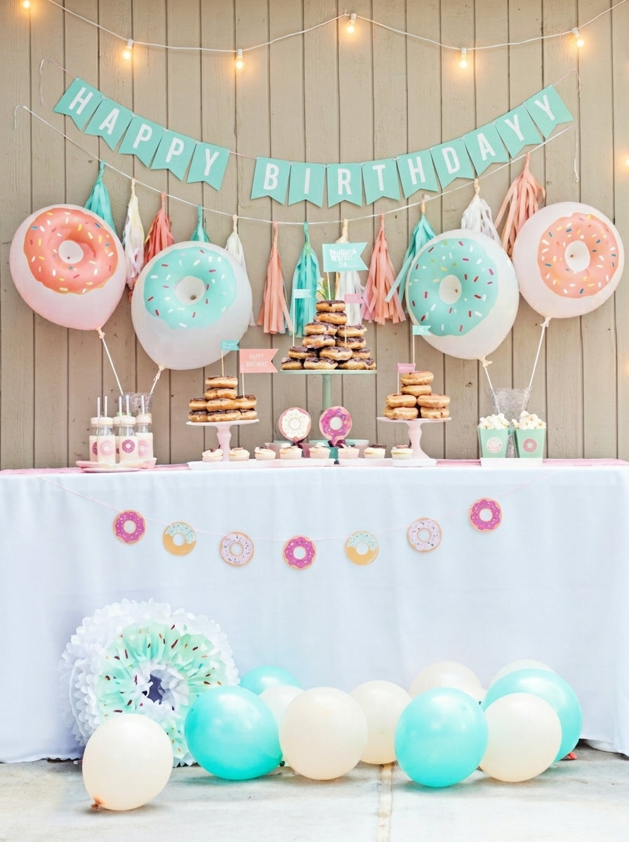 Donut balloon party decoration set with pink, mint green, and cream balloons, banner, tassels, and string lights