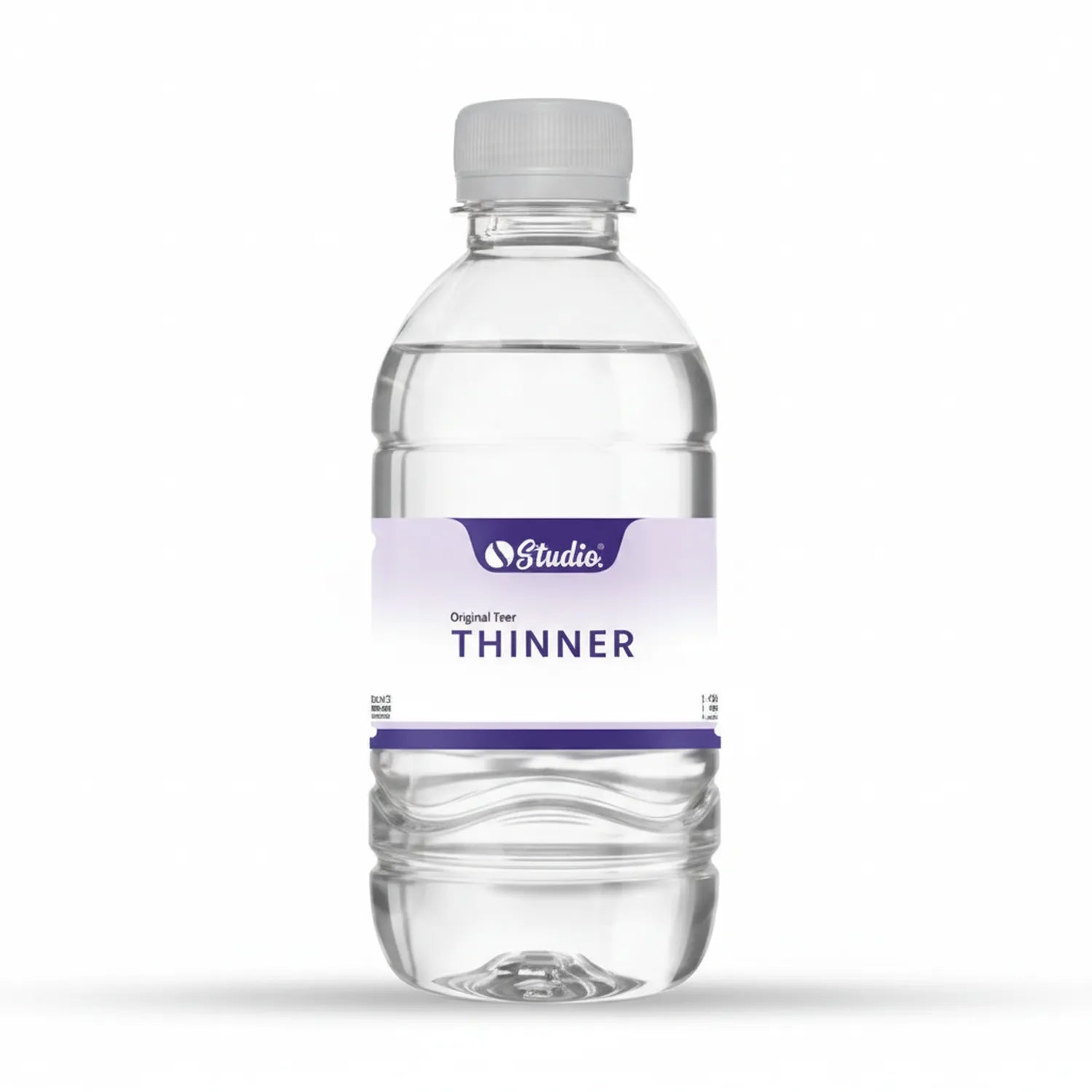 Studio Original Teer Thinner bottle - clear liquid paint solvent in plastic container with white cap and purple label, professional art supply