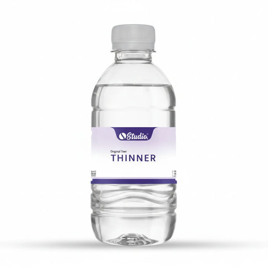 Studio Original Teer Thinner bottle - clear liquid paint solvent in plastic container with white cap and purple label, professional art supply